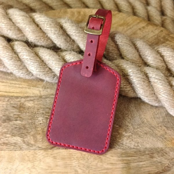 Personalized castom luggage tag with engraved name, monogram, initials, logo, phone number handmade from burgundy leather