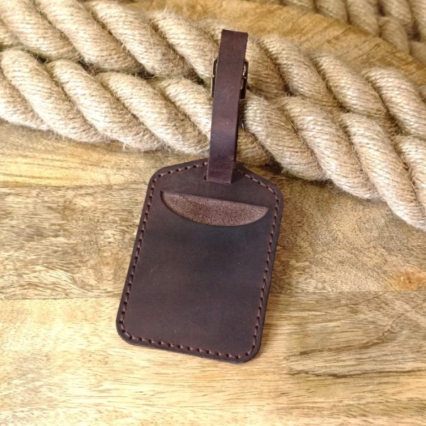 Custom personalized leather luggage tag handmade from brown leather with engraving monogram, logo, name, initials, phone number or text and pictures