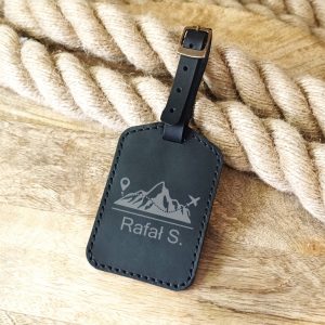 Personalized black leather luggage tag with engraving Handmade luggage tag with name, initials, logo, phone number Gift for travelers