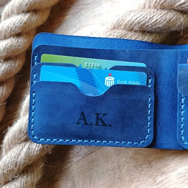 Personalized blue leather men's wallet with clasp, handmade from high quality leather and engraved name, initials, date, declaration of love etc...