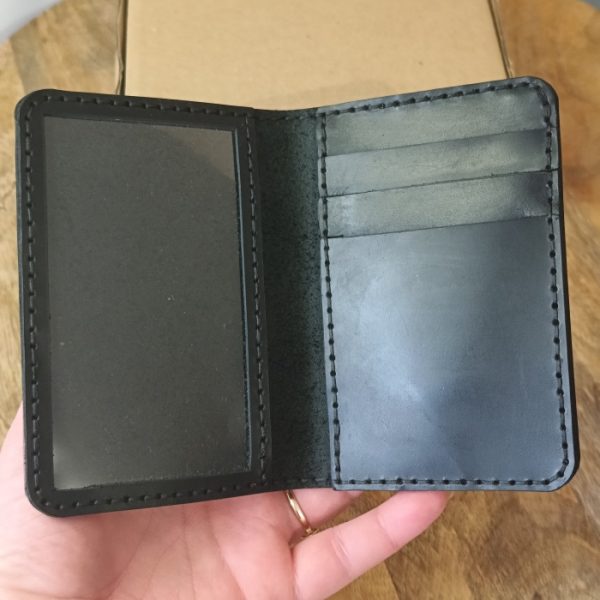 Personalized leather men's wallet - card holder for three bank cards, bills and ID card or driver's license handmade from high quality black leather with engraved name, initials, date and so on