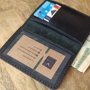 Personalized leather men's wallet card holder for three bank cards, bills and ID card or driver's license handmade from high quality black leather with engraved name, initials, date and so on
