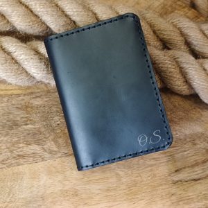 Personalized leather men's wallet - card holder for three bank cards, bills and ID card or driver's license handmade from high quality black leather with engraved name, initials, date and so on