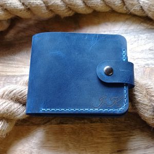 Personalized blue leather men's wallet with clasp, handmade from high quality leather and engraved name, initials, date etc