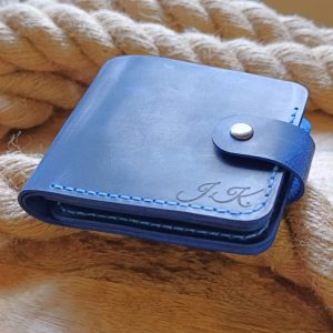 Personalized blue leather men's wallet with clasp, handmade from high quality leather and engraved name, initials, date, declaration of love etc...