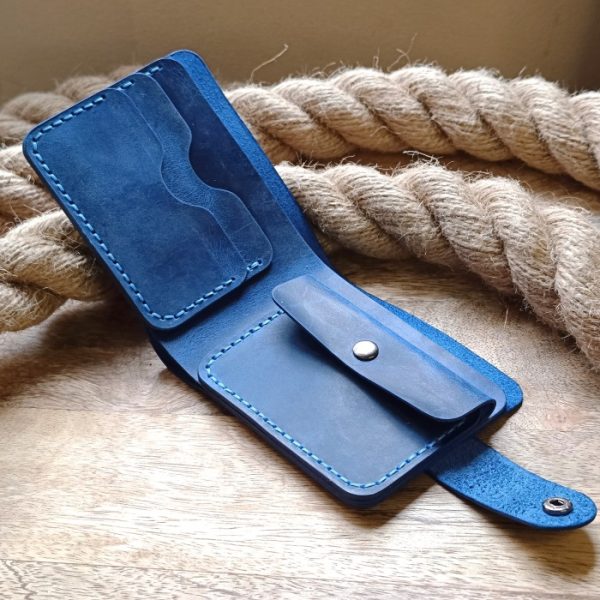 Personalized blue leather men's wallet with clasp, handmade from high quality leather and engraved name, initials, date, declaration of love etc...