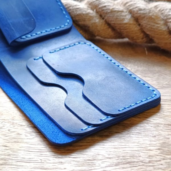 Personalized blue leather men's wallet with clasp, handmade from high quality leather and engraved name, initials, date, declaration of love etc...