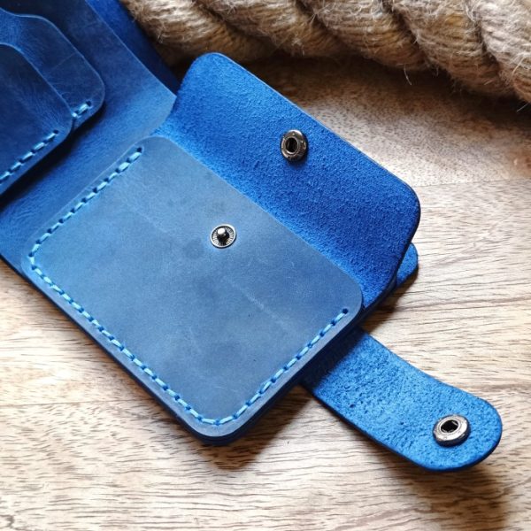 Personalized blue leather men's wallet with clasp, handmade from high quality leather and engraved name, initials, date, declaration of love etc...