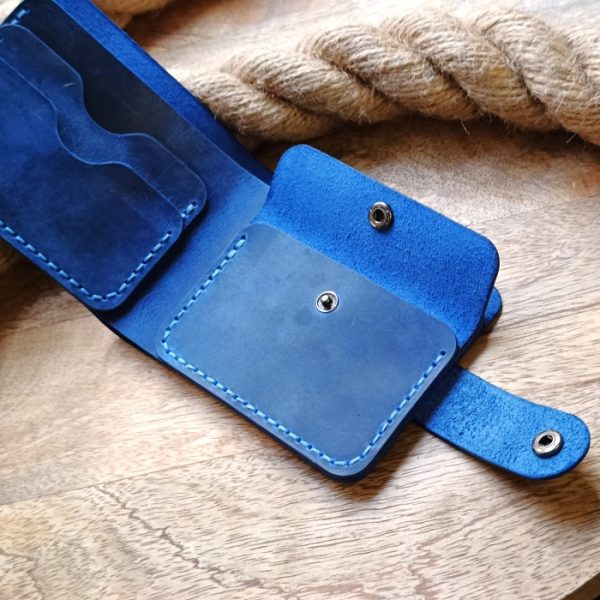 Personalized blue leather men's wallet with clasp, handmade from high quality leather and engraved name, initials, date, declaration of love etc...