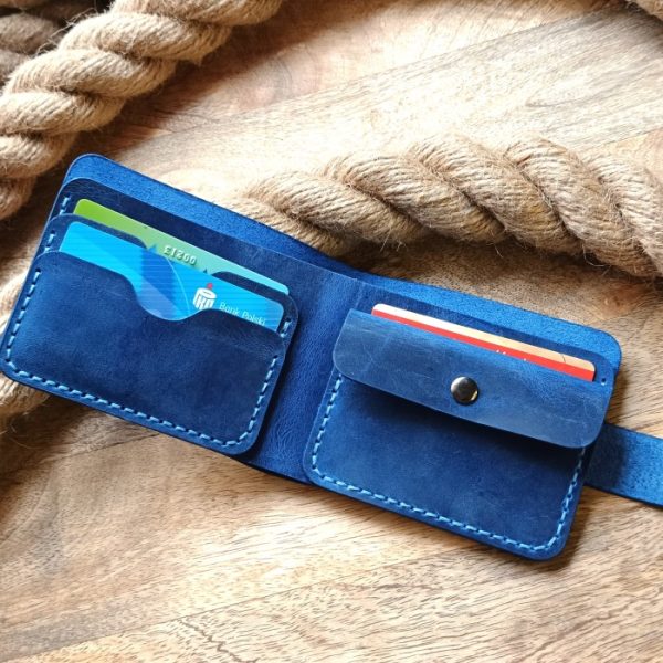 Personalized blue leather men's wallet with clasp, handmade from high quality leather and engraved name, initials, date, declaration of love etc...