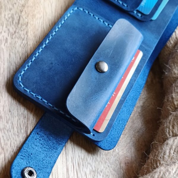 Personalized blue leather men's wallet with clasp, handmade from high quality leather and engraved name, initials, date, declaration of love etc...