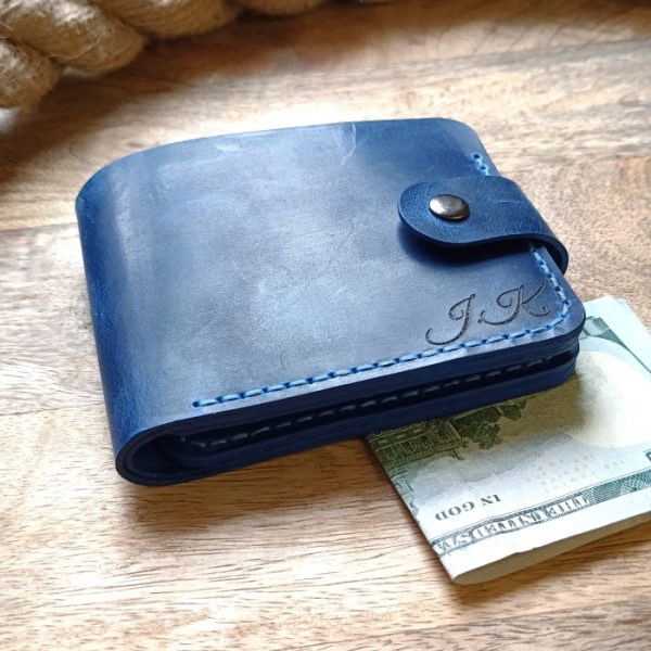 Personalized blue leather men's wallet with clasp, handmade from high quality leather and engraved name, initials, date, declaration of love etc...