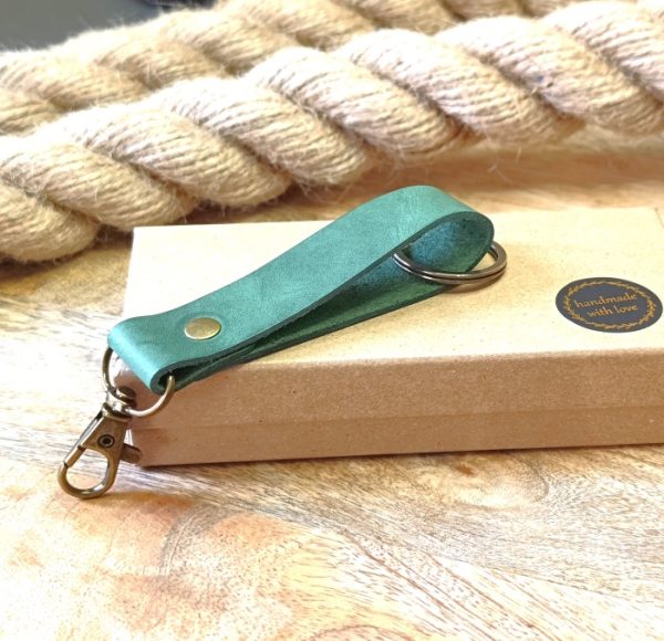 Personalized green leather keychain for women or men handmade from high quality leather engraved name, initials, memorable date, declaration of love