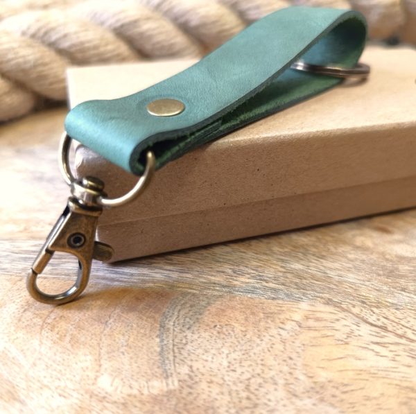 Personalized green leather keychain for women or men handmade from high quality leather engraved name, initials, memorable date, declaration of love