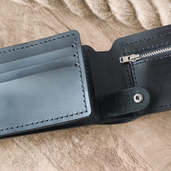 Mens RFID leather handmade wallet with engraving for 11 cards, with space for banknotes, 2 places for photos or ID with coin pocket with zipper