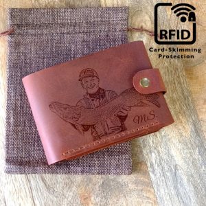 Best Fishing Gift Mens leather RFID wallet with engraving for 11 cards, with space for banknotes, 2 places for photos or ID with coin pocket