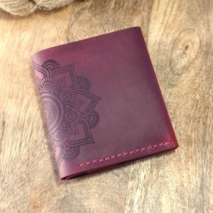 Personalized women's wallet from burgundy leather with engraving Mandala and name, initials, text ect. Perfect personalised gift for any woman