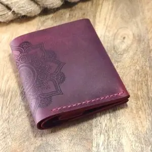 Personalized women's wallet from burgundy leather with engraving Mandala and name, initials, text ect. Perfect personalised gift for any woman