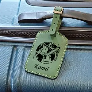 Personalized luggage tag handmade from green leather with engraving monogram, logo, name, initials, phone number or text and pictures