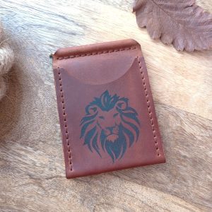 Leather wallet with bill clip with four card slots and lion image and personalized engraving of any text or image