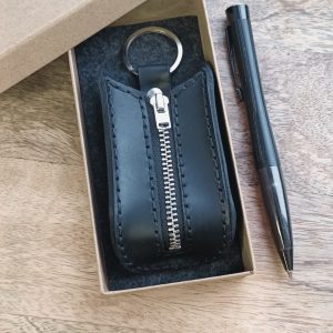 Personalized leather key case with engraving name, initials, phone number