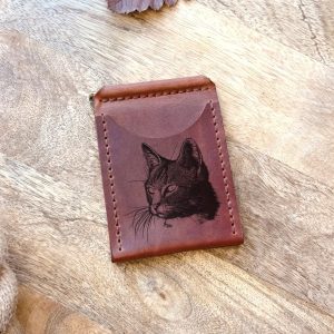 Cat lover gift. Leather wallet with a money clip, four card slots, and a cat image, featuring personalized engraving of any text or image