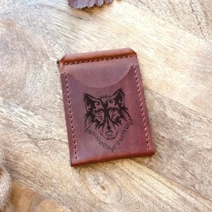 Leather wallet with a metal cash clip, 4 card slots, a wolf image, and personalized engraving of any text or image