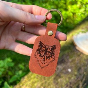 Leather keychain with wolf personalized handmade with engraving of name, initials, date, name of any text or image. The best gift for a man.