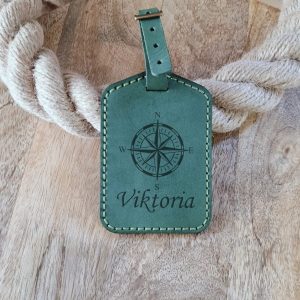 Personalized luggage tag handmade from green leather with engraving monogram, logo, name, initials, phone number or text and pictures 