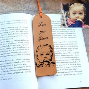 Personalized yellow leather bookmark with engraved baby photo, name, date, quote with any text. Best gift for dad, mom, grandpa and grandma.