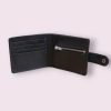 Personalized wallet for 4 cards with engraving, handmade from black leather, with a compartment for banknotes and a coin pocket with name, initials, etc.