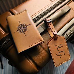 Personalized gift set of a luggage tag and passport cover handmade from high-quality yellow leather with engraving name, initials etc