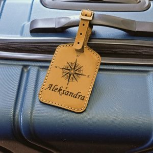 Personalized yellow luggage tag handmade from full grain leather with engraving monogram, logo, name, initials, phone number or text and pictures