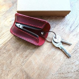 Women's leather key case with engraved name, initials, date. Handmade personalized custom burgundy key cover.
