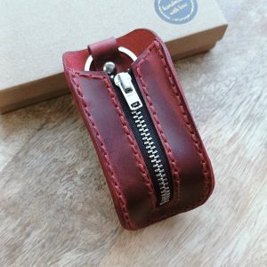 Women's Personalized Leather Key Case with engraved name, initials, date. Handmade personalized burgundy key cover.