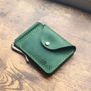 Personalised wallet with money clip and coin pocket and two pocket for credit cards with engraving handmade from green genuine leather