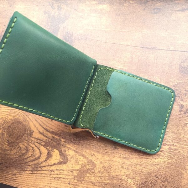 Personalised wallet with money clip and coin pocket and two pocket for credit cards with engraving handmade from green genuine leather