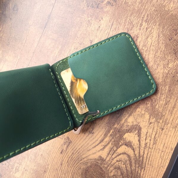 Personalised wallet with money clip and coin pocket and two pocket for credit cards with engraving handmade from green genuine leather