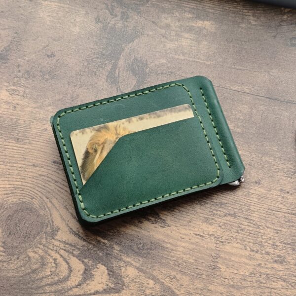 Personalised wallet with money clip and coin pocket and two pocket for credit cards with engraving handmade from green genuine leather