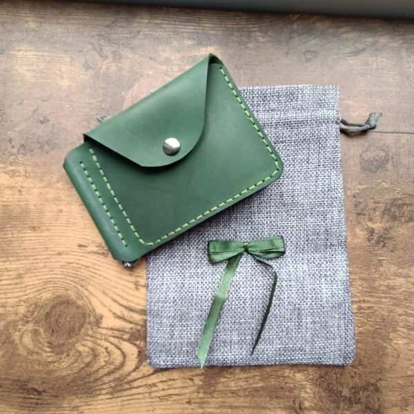 Personalised wallet with money clip and coin pocket and two pocket for credit cards with engraving handmade from green genuine leather