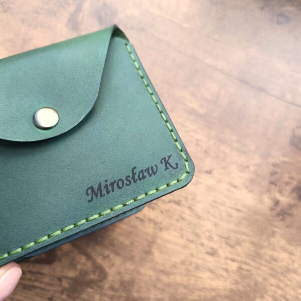 Personalised wallet with money clip and coin pocket and two pocket for credit cards with engraving handmade from green genuine leather