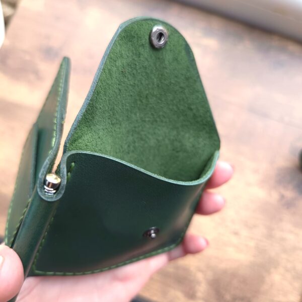 Personalised wallet with money clip and coin pocket and two pocket for credit cards with engraving handmade from green genuine leather
