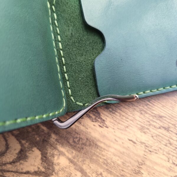 Personalised wallet with money clip and coin pocket and two pocket for credit cards with engraving handmade from green genuine leather