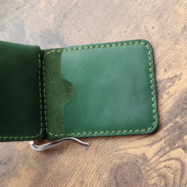 Personalised wallet with money clip and coin pocket and two pocket for credit cards with engraving handmade from green genuine leather - Image 5