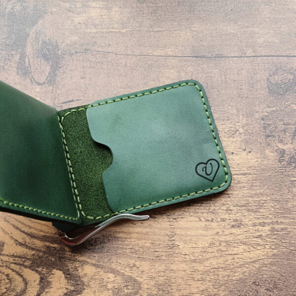 Personalised wallet with money clip and coin pocket and two pocket for credit cards with engraving handmade from green genuine leather