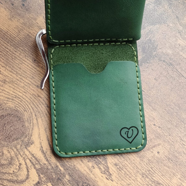 Personalised wallet with money clip and coin pocket and two pocket for credit cards with engraving handmade from green genuine leather - Image 7